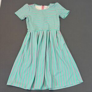 LuLaRoe Amelia Pleated Fit & Flare Dress Womens XL Blue Pink Cotton Candy Stripe